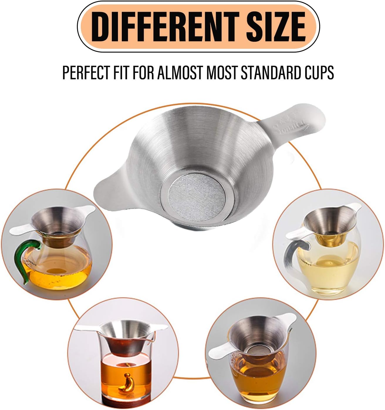 AUEAR, 2 Pack Different Size Stainless Steel Mini Strainer Fine Mesh Tea Funnel Coffee Filter with Double Handles