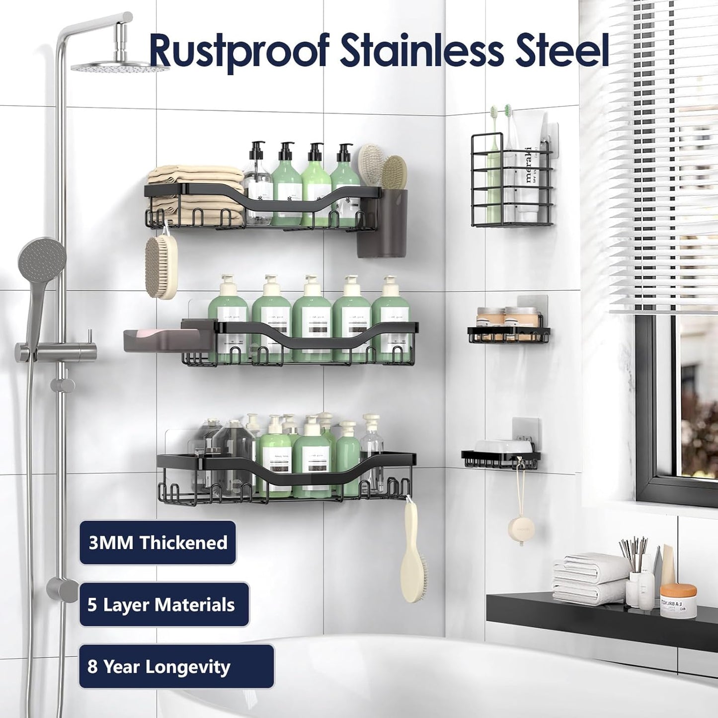 NESOMI Shower Caddy Adhesive Shower Organizer 7-Pack, Rustproof Stainless Steel Bathroom Shelves, Large Capacity No-Drill Rack Storage Accessories with Soap Dish Toothbrush Holder &24 Hooks Home Decor