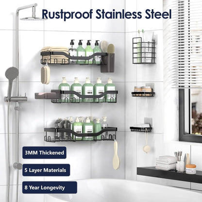NESOMI Shower Caddy Adhesive Shower Organizer 7-Pack, Rustproof Stainless Steel Bathroom Shelves, Large Capacity No-Drill Rack Storage Accessories with Soap Dish Toothbrush Holder &24 Hooks Home Decor