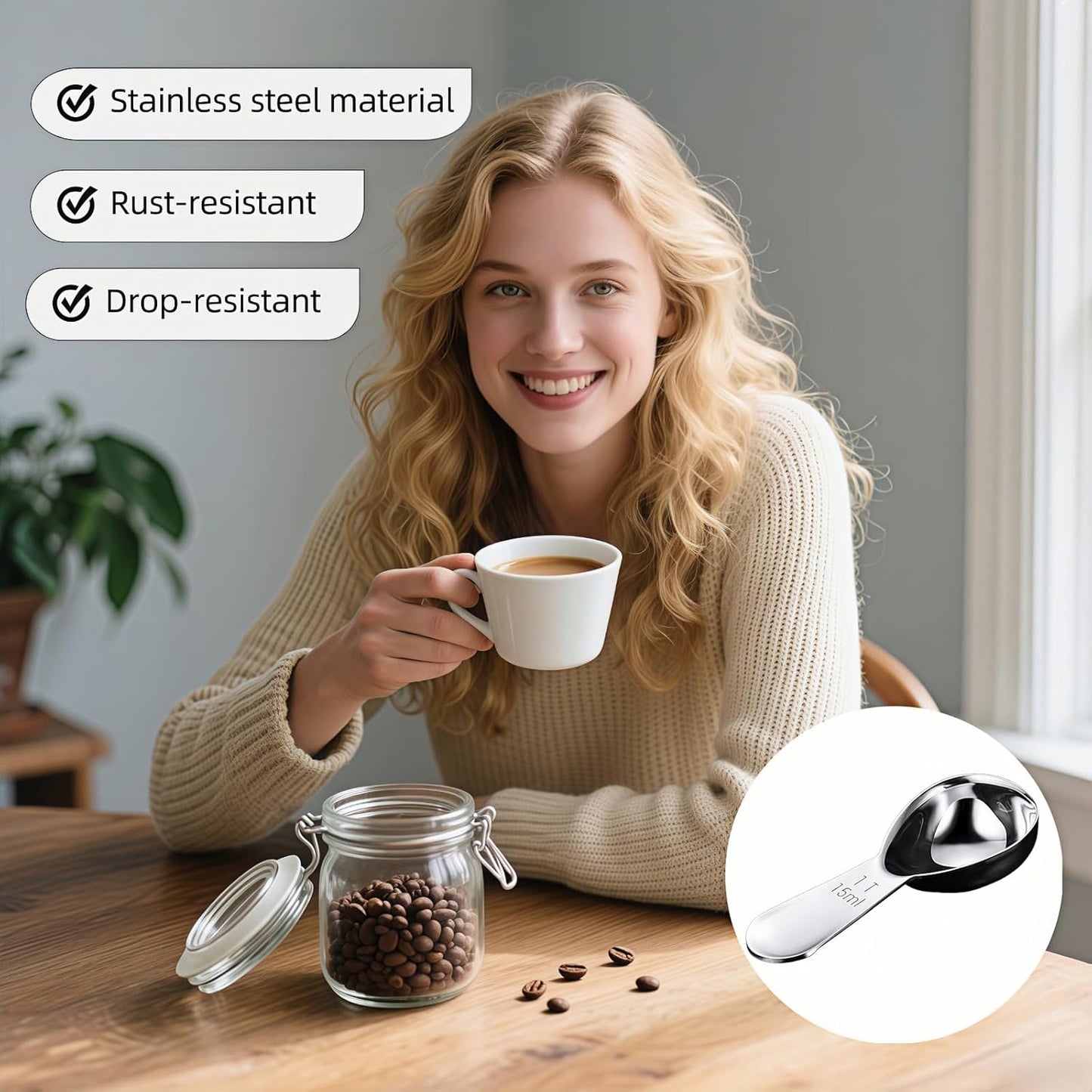 1 Tbsp(30ml) Coffee Scoop,Stainless Steel Measuring Spoons for Coffee,Protein Powder,Sugar,Easy Read Laser Engraved Mark,Short Handle Fits in Container,Rust-Resistant,Drop-Resistant (2T 30ml)