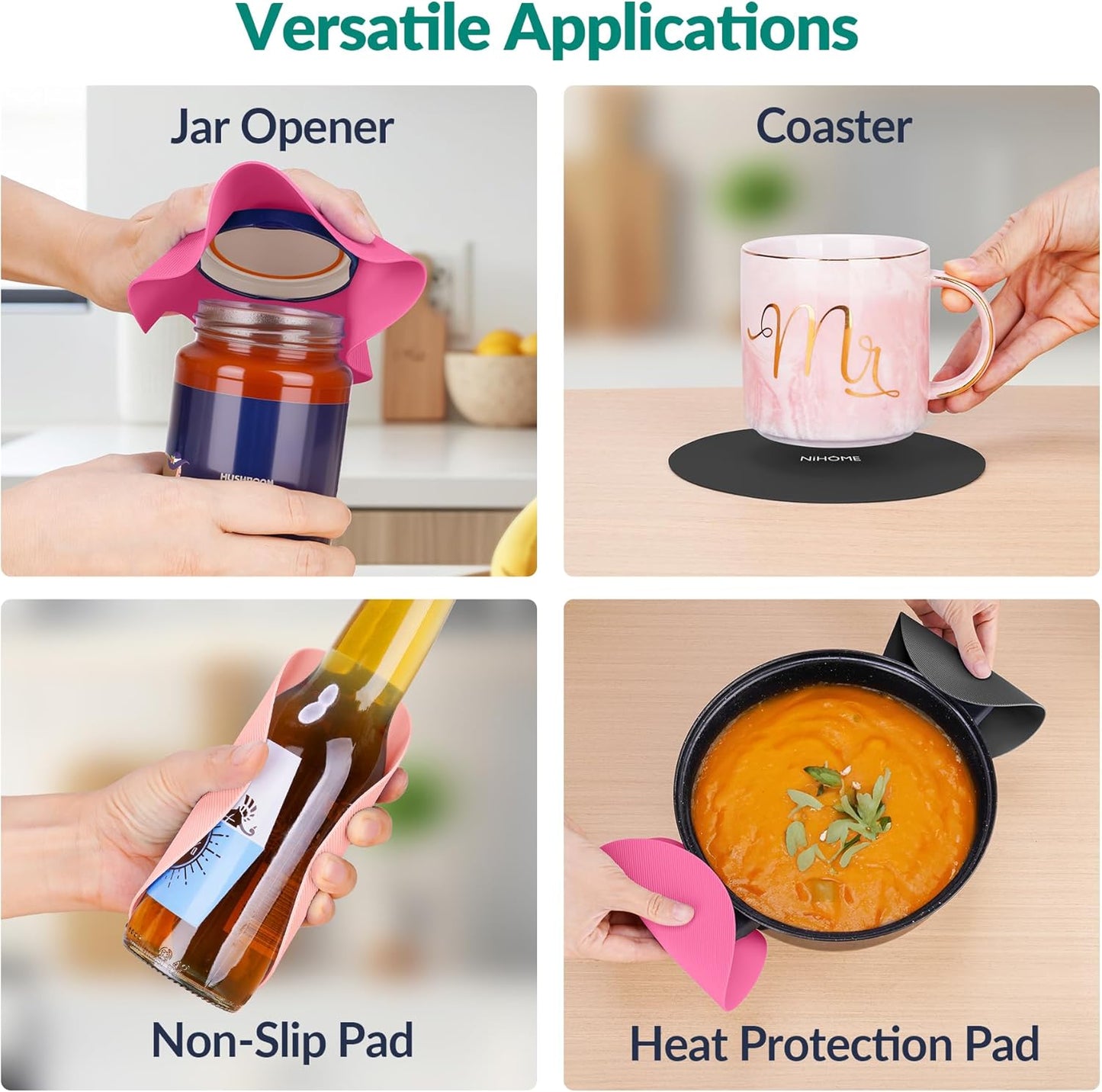 NIHOME Silicone Jar Opener – 6 Inch Large Anti-Slip Grip Pads, Premium 100% Food-Grade Silicone, Stylish Designer Colors, Multi-Purpose Heat-Resistant Mat & Coaster, Set of 4