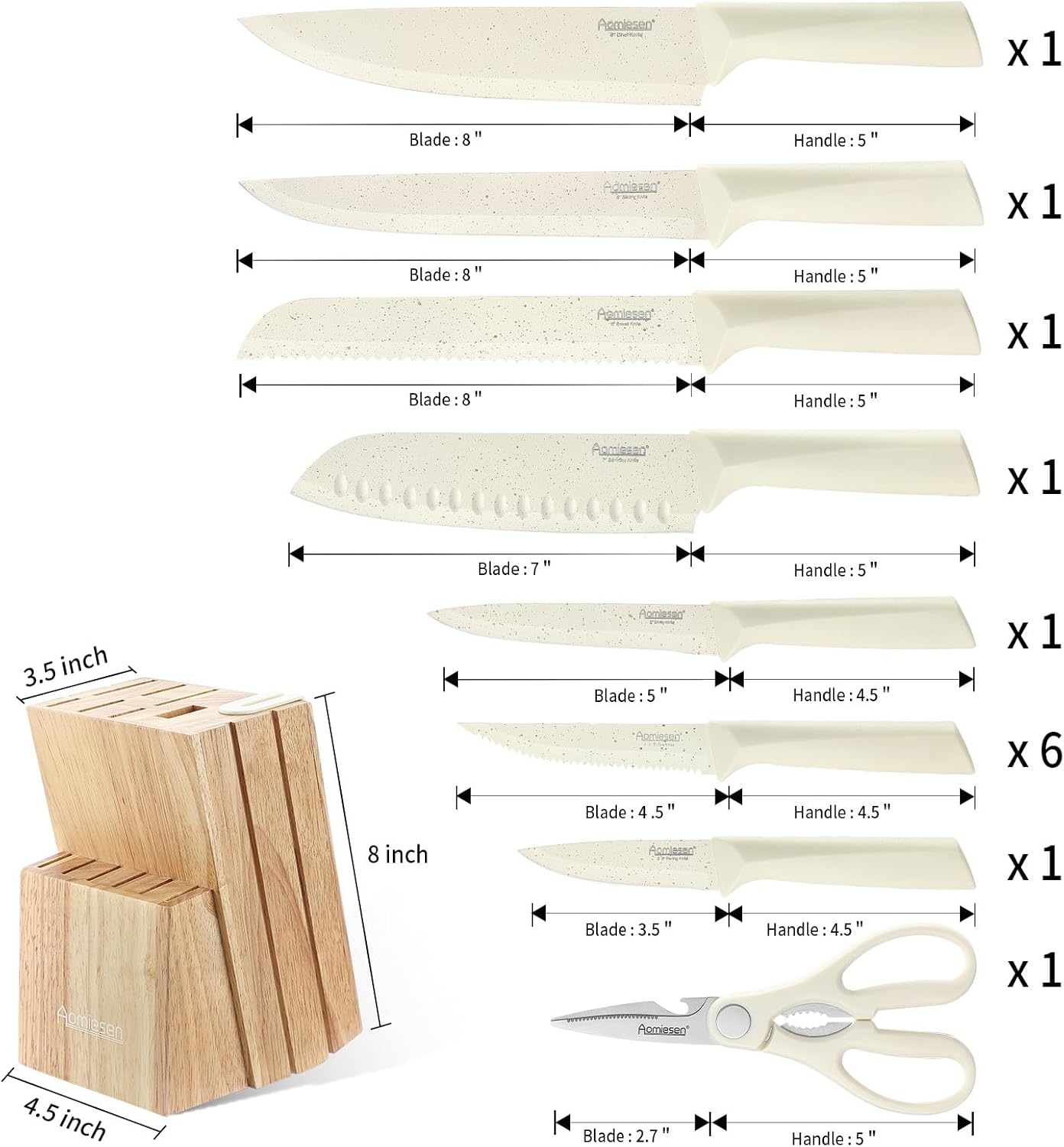 Stainless Steel Knife Set, Knife Block Sets with Built-in Sharpener,15-Piece Block Set with Block and Ergonomic Handles