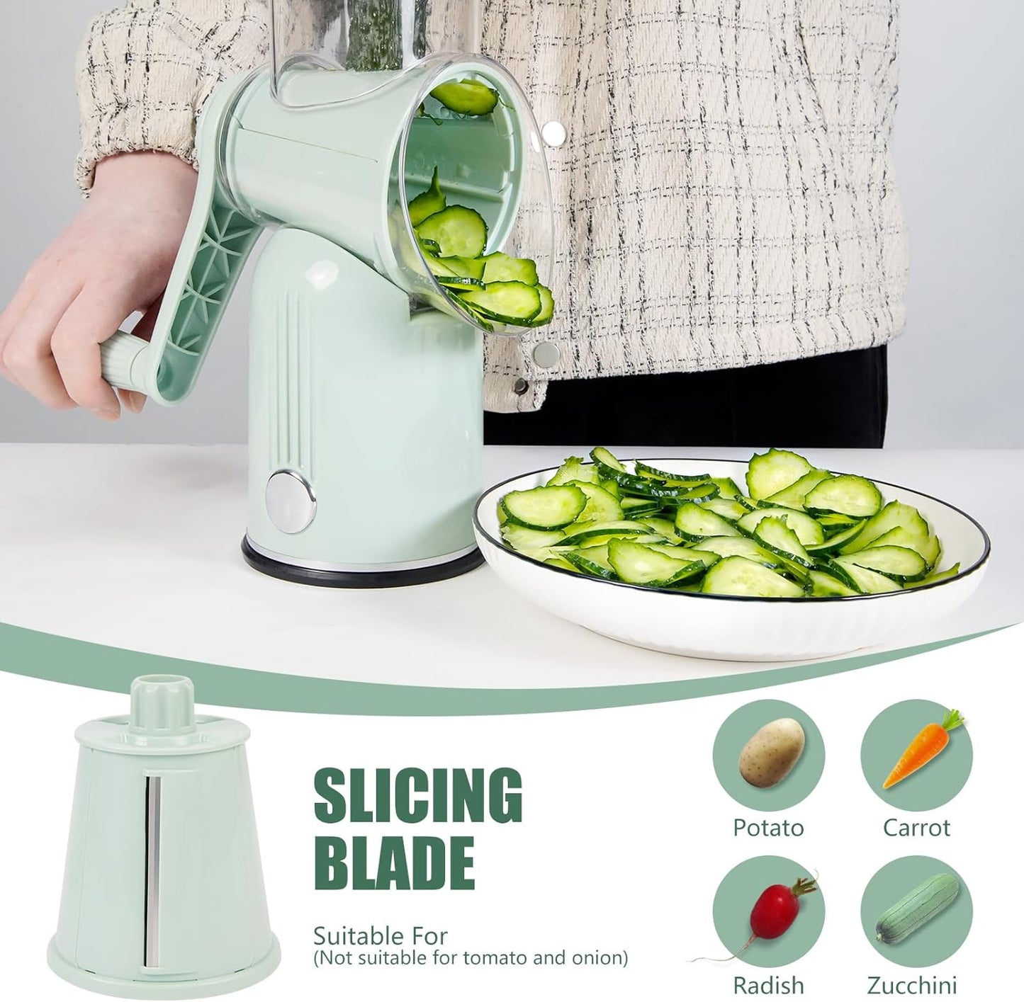 Rotary Cheese Grater with Handle: 5-in-1 Cheese Grater Hand Crank, Strong Suction Base for Fruit Vegetables Nuts with Blade Storage Box(Purple)