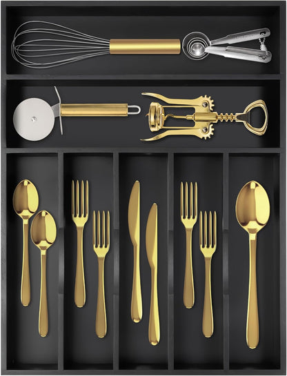 Silverware Organizer Small Bamboo Kitchen Drawer Organizer Utensil Organizer Silverware Holder Cutlery Organizer in drawer Flatware Organizer Tray (Black 4 Slots)