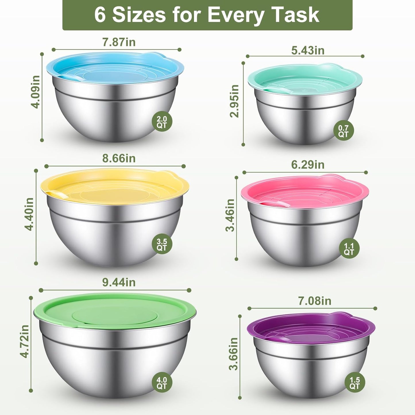 Stainless Steel Mixing Bowls with Lids Set, 6 Nesting Kitchen Bowls 0.7-4 QT, Metal Mixing Bowls with 3 Grater Attachments, Dishwasher Safe for Prep, Mixing, Serving & Storage