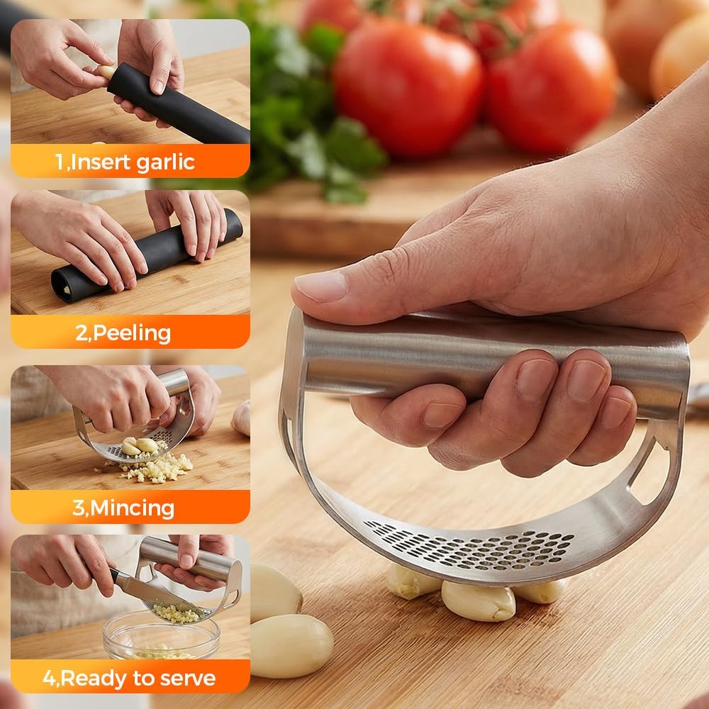 Kruggo Garlic Press Rocker, Stainless Steel Garlic Crusher, Mincer and Chopper with Peeler and Cleaning Brush, Comfortable Grip & Effortless Smashing, Essential Kitchen Tools (Crusher+Peeler- 2PCS)