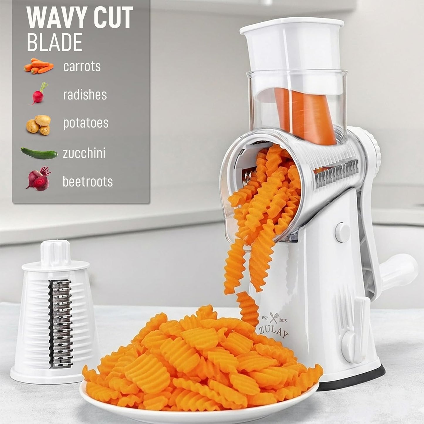 Zulay Kitchen Rotary Cheese Grater 5 Blade Cheese Shredder - Manual Hand Crank Cheese Grater With Reinforced Suction & 5 Interchangeable Drums - Easy to Use, Vegetable Chopper Round Mandoline Slicer - Colors B