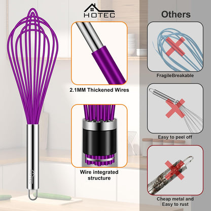 HOTEC 4 Pieces Silicone Whisks Set, Wire Balloon Whisks for cooking Egg Beater, Non-slip Handle Whisk for Non-stick Cookware Perfect for Cooking, Stirring, Beating and Blending (Multicolor)