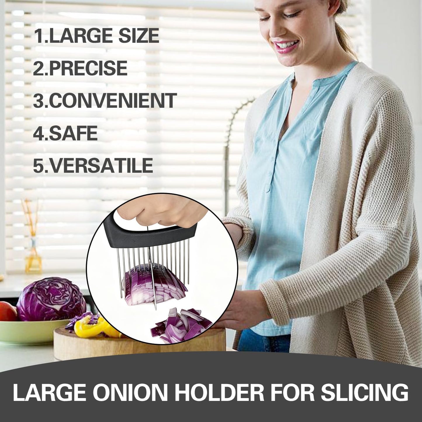 Onion Holder for Slicing, Onion Cutter Vegetable Chopper, Food Slicer Assistant Tool for Fruit Lemon and Meat,Stainless Steel Tomato Slicer Vegetable Cutter for Potato, Avocados, Eggs,