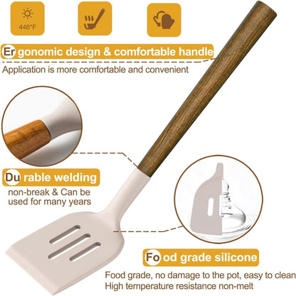 Silicone Cooking Utensil Set, Umite Chef 8-Piece Kitchen Utensils Set with Natural Acacia Wooden Handles,Food-Grade-Silicone Kitchen Gadgets Spatulas Set for Nonstick Cookware- Black