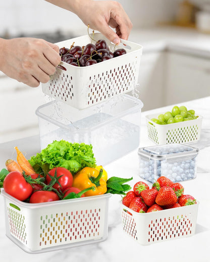 TBMAXS 5 Pack Fruit Storage Containers for Fridge Food Container with Colander Airtight BPA Free Plastic Berry Keeper Produce Vegetable Saver Bins Keep Fresh