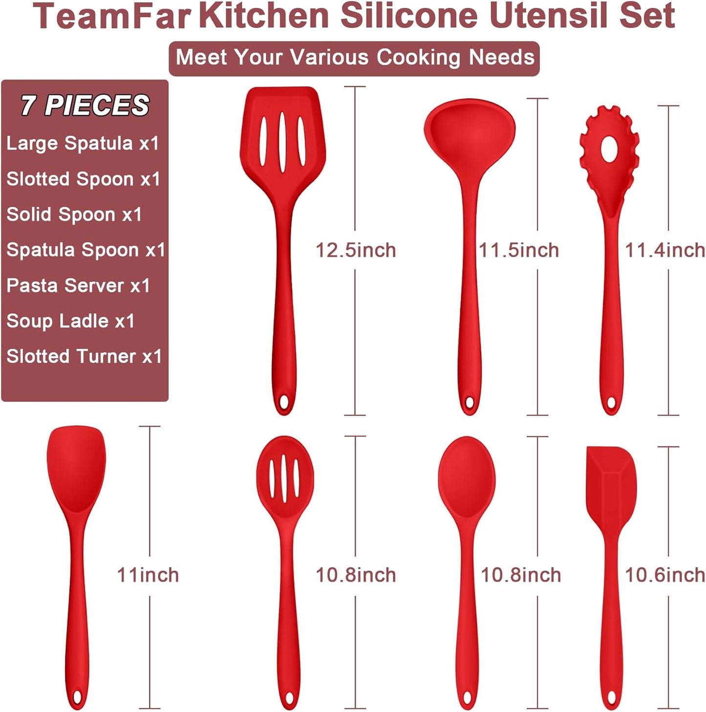 TeamFar Silicone Cooking Utensil Set of 7, Black Kitchen Nonstick Tools Turner Spoon Spatula Ladle Pasta Server for Nonstick Cookware, Healthy & One-Piece, Anti-Heat & Dishwasher Safe