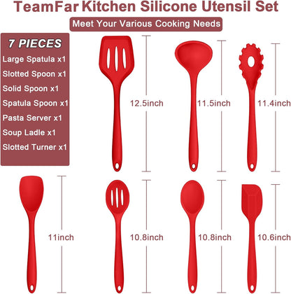 TeamFar Silicone Cooking Utensil Set of 7, Black Kitchen Nonstick Tools Turner Spoon Spatula Ladle Pasta Server for Nonstick Cookware, Healthy & One-Piece, Anti-Heat & Dishwasher Safe