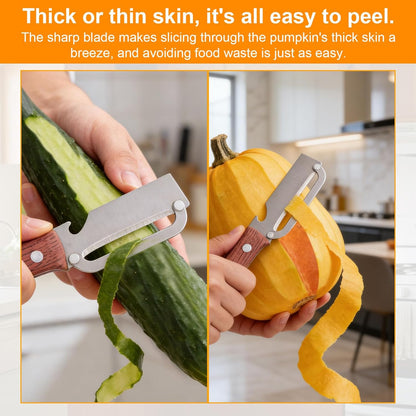 Multi-Functional Vegetable Peeler with Wooden Handle, Stainless Steel Thick & Thin Skin Fruit Peeler with Bottle Opener, Not for Left-Handed Users, Practical Kitchen Tool for Apple Potato