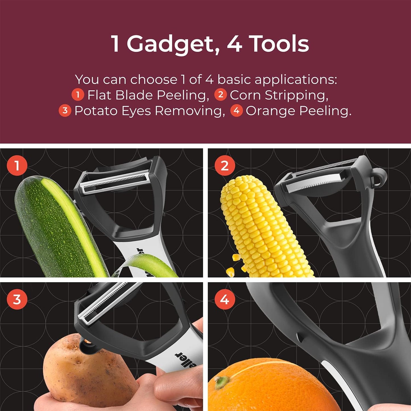 Mueller Ultra 4 in 1 Peeler Vegetable Peeler Kitchen Tool with Multiple Blades, Corn Stripper, Orange Peeler, Potato Eye Remover, Straight Blade Slicer