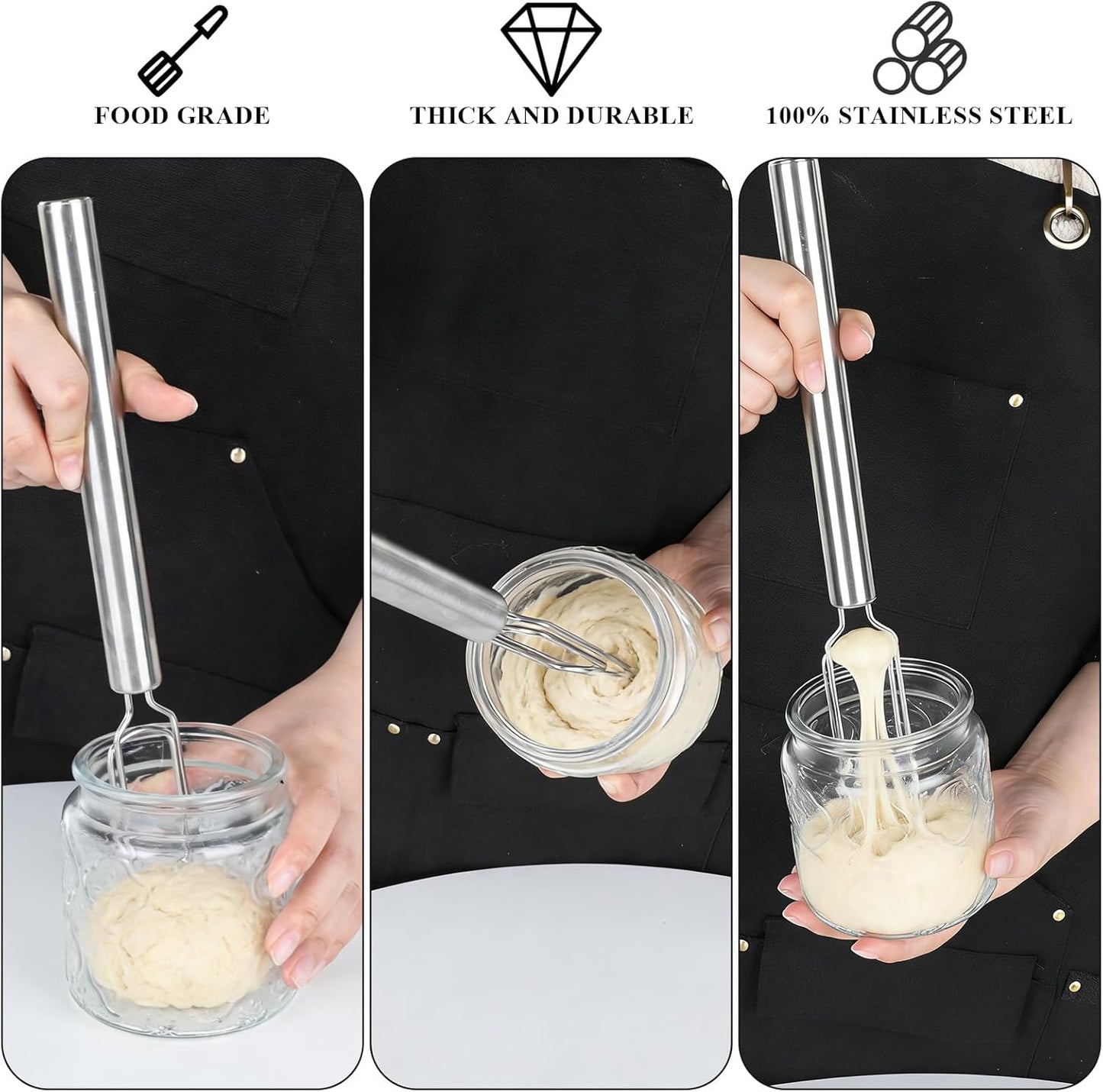 Dough Whisk for Sourdough Starter Stainless Steel Sourdough Starter Stirring Reaches Jar Bottom Dough Hand Mixer Bread Whisk Tool for Pizza Bread Cake Mixing Cooking