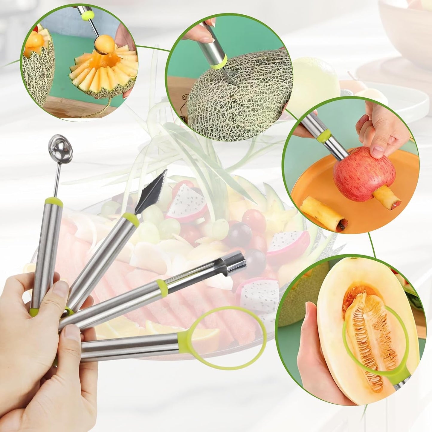 24 Pack Fruit Carving Tools Set Melon Baller Scoop Set, Vegetable Cutter Shapes with Cartoon Animals Food Picks for Kids Lunch, V Tool for Fruits Vegetable Sculpting