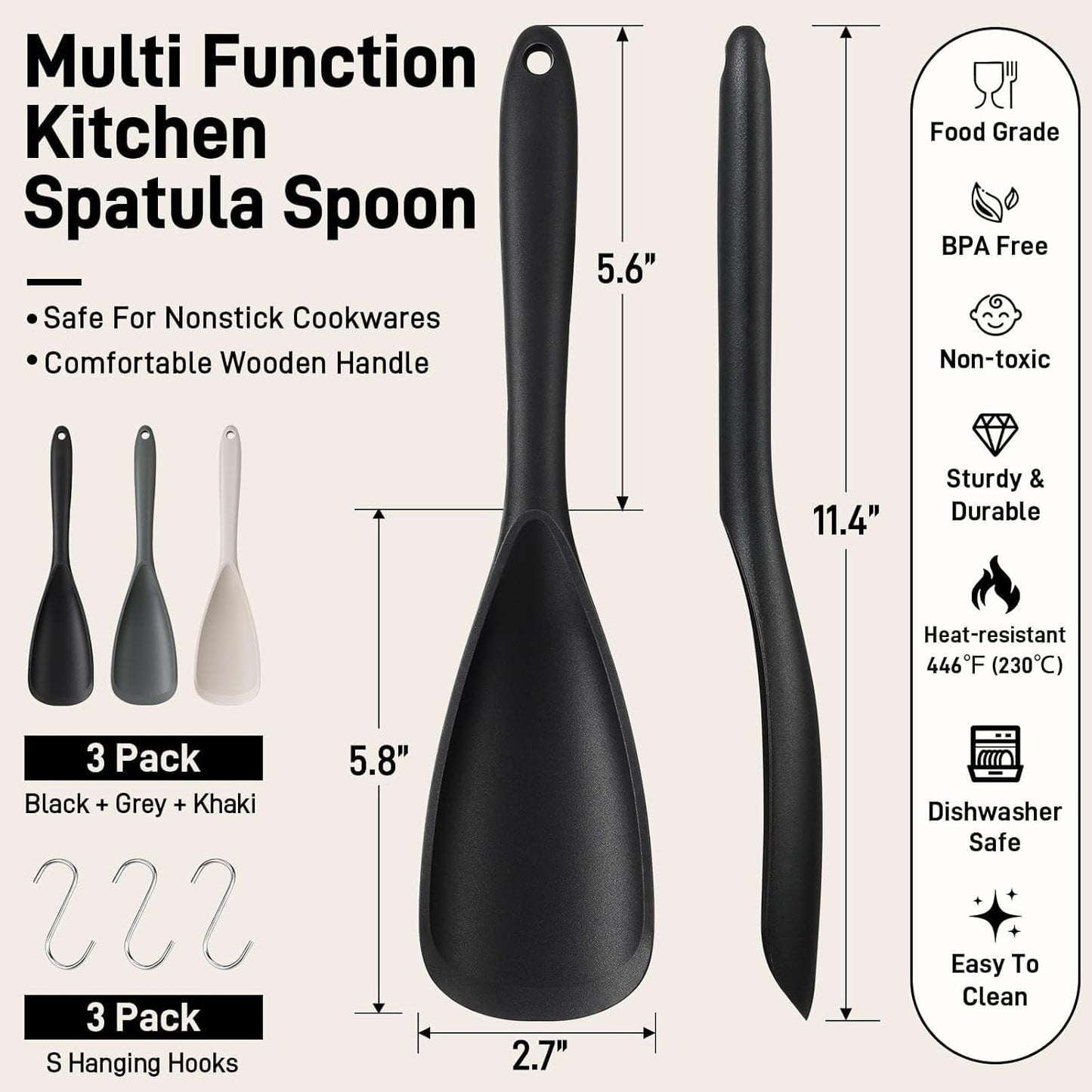 3 PACK Silicone Cooking Spatula & Spoon for Nonstick Cookware, Multifunction Spoonula for Baking, Cooking, Serving, Mixing, Stirring, Scoop, Scrape - One-Piece Formed, Sturdy BPA-Free, Dishwasher Safe