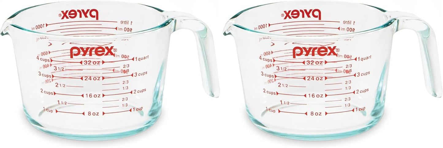 Pyrex 4-Cup Glass Measuring Cup For Baking and Cooking, Dishwasher, Freezer, Microwave, and Preheated Oven Safe, Essential Kitchen Tools