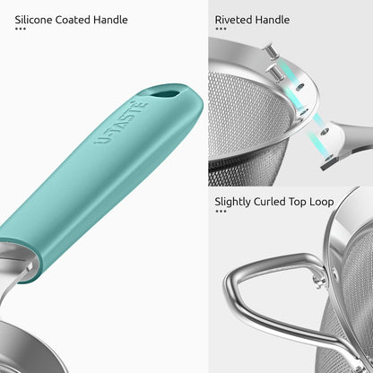 18/8 Stainless Steel Mesh Strainer: U-Taste 5.5 Inch Kitchen Fine Mesh Sieve Food Colander with Riveted Sturdy Silicone Handle and 30 Mesh Hole for Straining Flour, Pasta, Fruit, Quinoa(Aqua Sky)