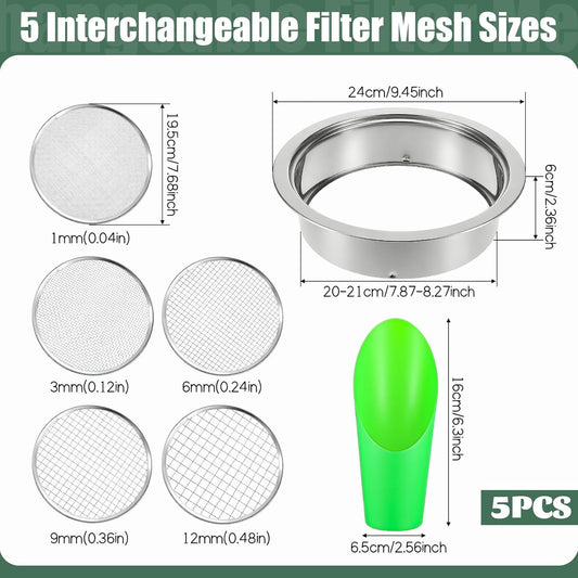 Soil Sieve Set Stainless Steel Garden Soil Sifter, Compost Mesh Sifter with 5 Interchangeable Mesh 1/3/6/9/12mm and Soil Scoops for Sand, Bonsai Soil, Rock, Filtration