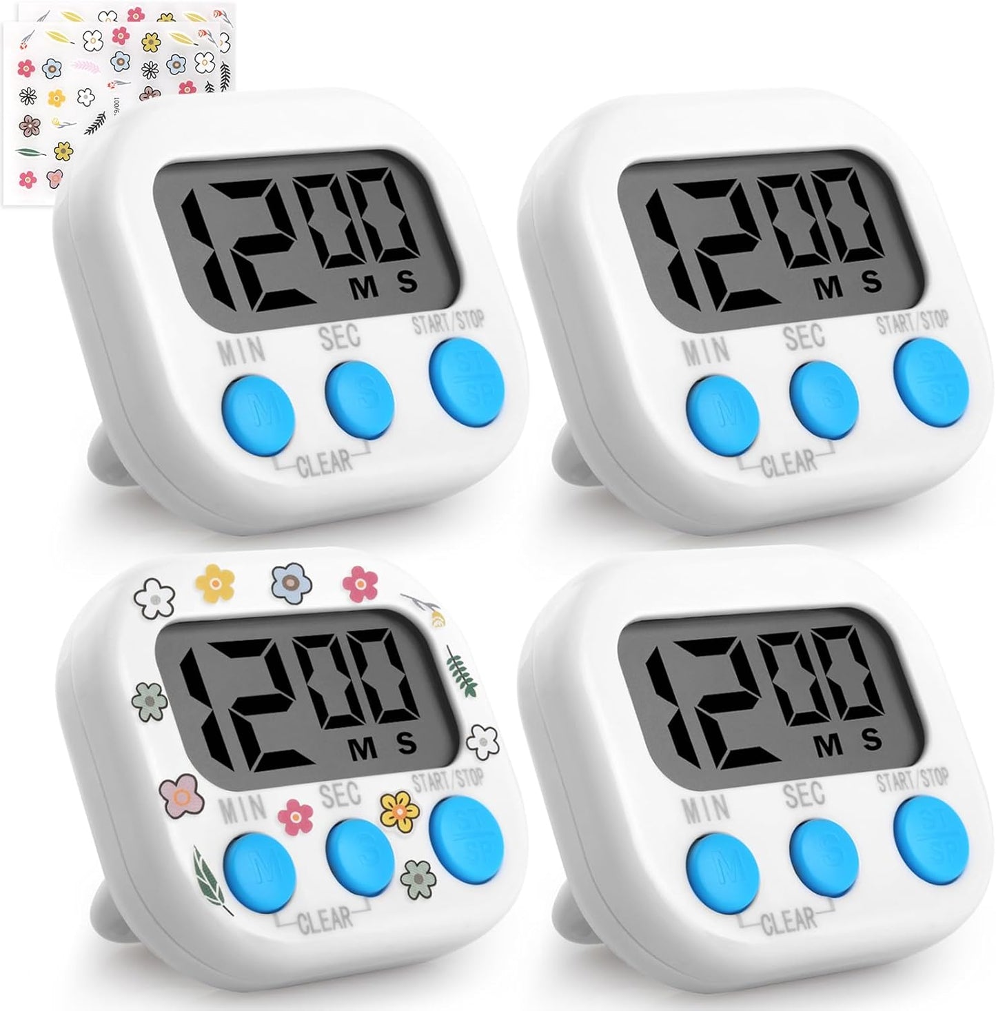 GeeRic Kitchen Timers 4 Pack, Electronic Timers with Loud Alarm for Cooking, Magnetic Digital Timers Big LCD Display Blue Green Pink White (No Battery Included)