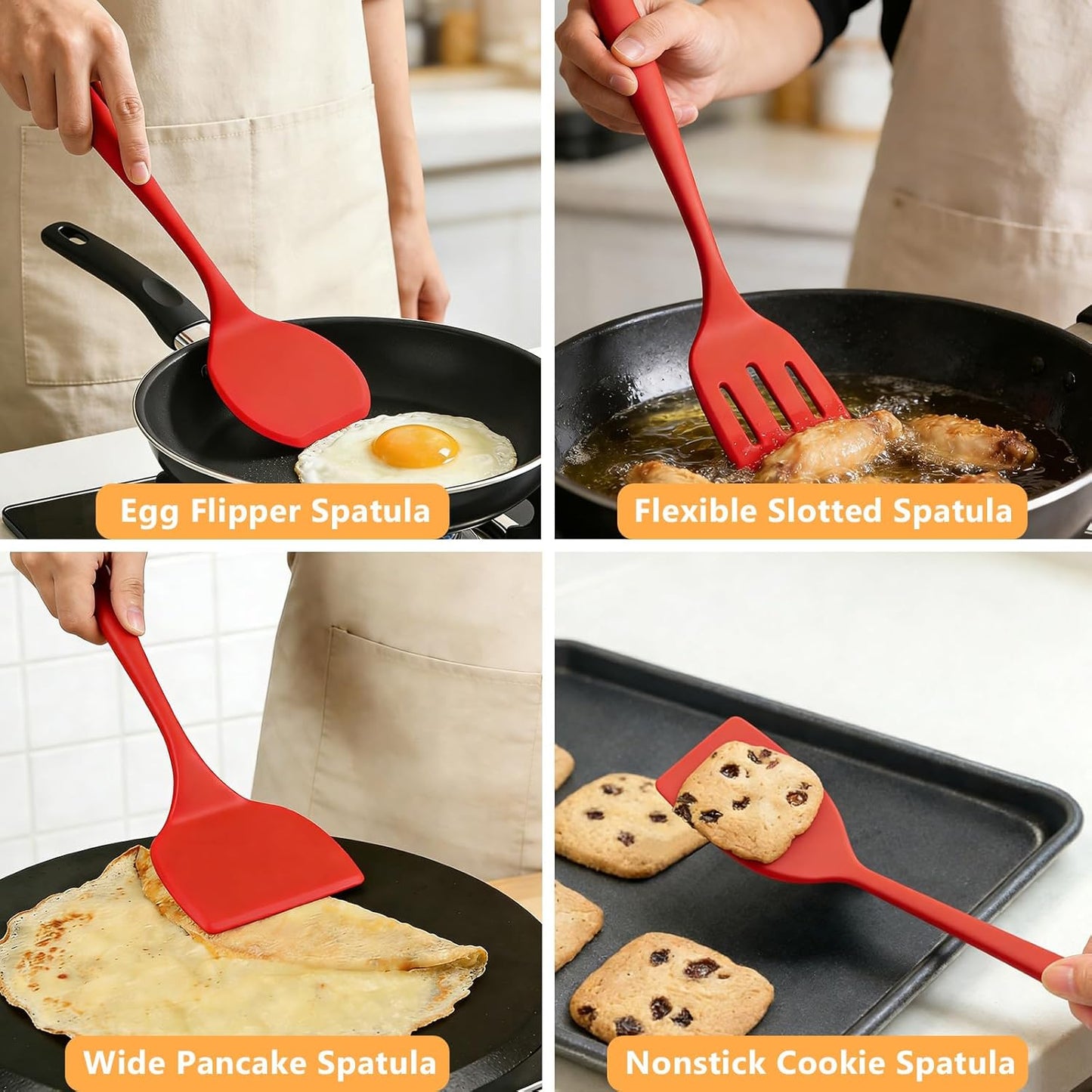 Silicone Spatula Turner Set, 600°F High Heat Resistant Spatulas for Cooking, BPA Free, Large Flexible Kitchen Utensils Flipping Eggs, Pancakes, Fish, Burgers, Dishwasher Safe (4 Pack, Black)