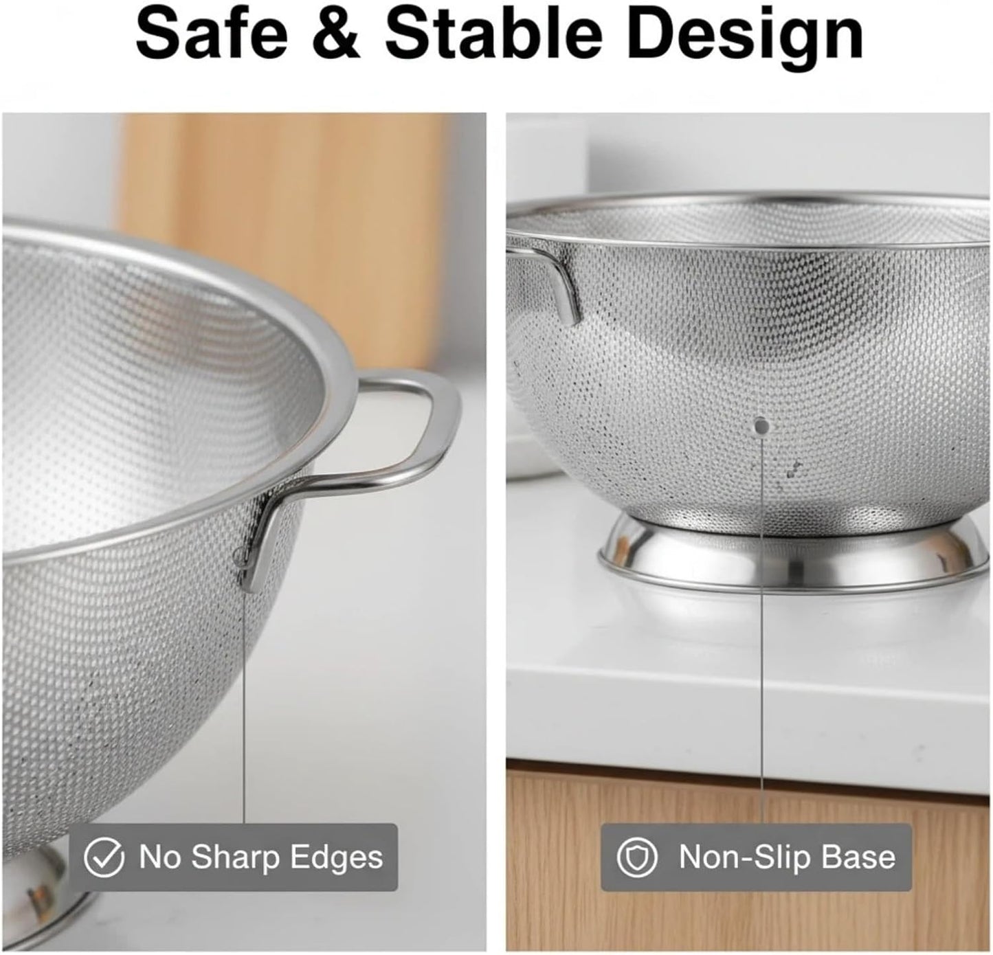 Stainless Steel Colander for Kitchen: Pasta & Vegetable Fruit Strainer Fine Mesh Colander with Dual Handles Non-Slip Base Large Strainer for Cooking