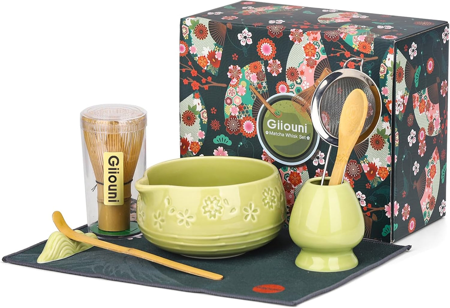 Matcha Whisk Set, Ceramic Matcha Set with Bowl, Chasen Holder, Scoop Rest, Sifter, 8-Pcs Japanese Ceremony Matcha Kit–Matcha Lovers Gift for Women Mom Girl Friend-Matcha Green