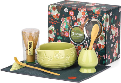 Matcha Whisk Set, Ceramic Matcha Set with Bowl, Chasen Holder, Scoop Rest, Sifter, 8-Pcs Japanese Ceremony Matcha Kit–Matcha Lovers Gift for Women Mom Girl Friend-Matcha Green