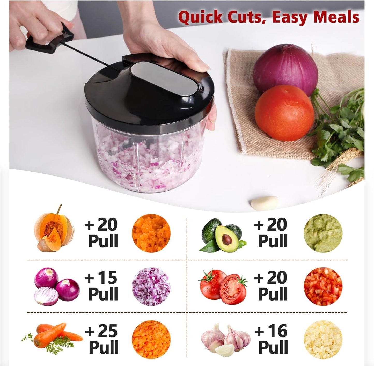 Manual Food Processor 1000ML Large Capacity Pull String Vegetable Chopper Onion Cutter for Salsa Nuts Pesto Herbs Easy to Clean Kitchen Gadget Black
