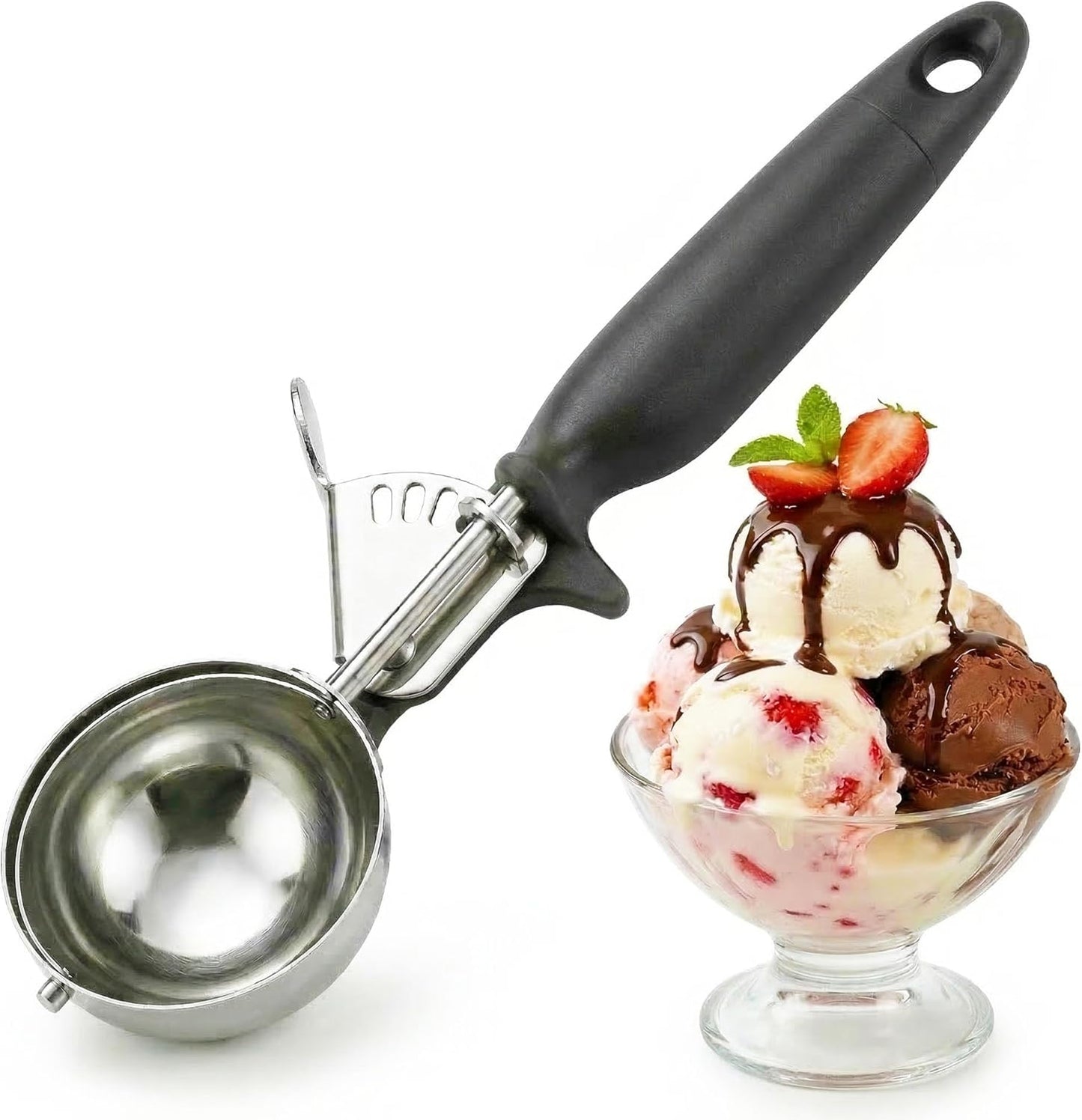 Alegacy Ice Cream Scoop Disher 7/8 oz – Stainless Steel Commercial Ice Cream Scooper with Ergonomic Black Handle – Heavy Duty Trigger Release Portion Scoop for Ice Cream, Gelato | AL13040