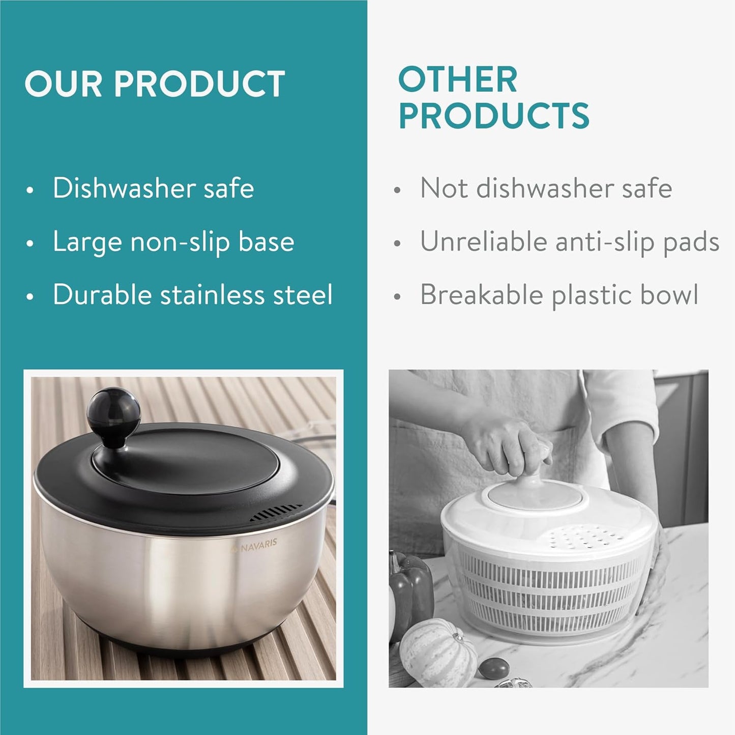 Navaris Salad Spinner with Storage Lid - Durable Stainless Steel Vegetable & Lettuce Dryer Set - Non-Slip Silicone Base - Includes Plastic Colander and Extra Storage Lid - Black