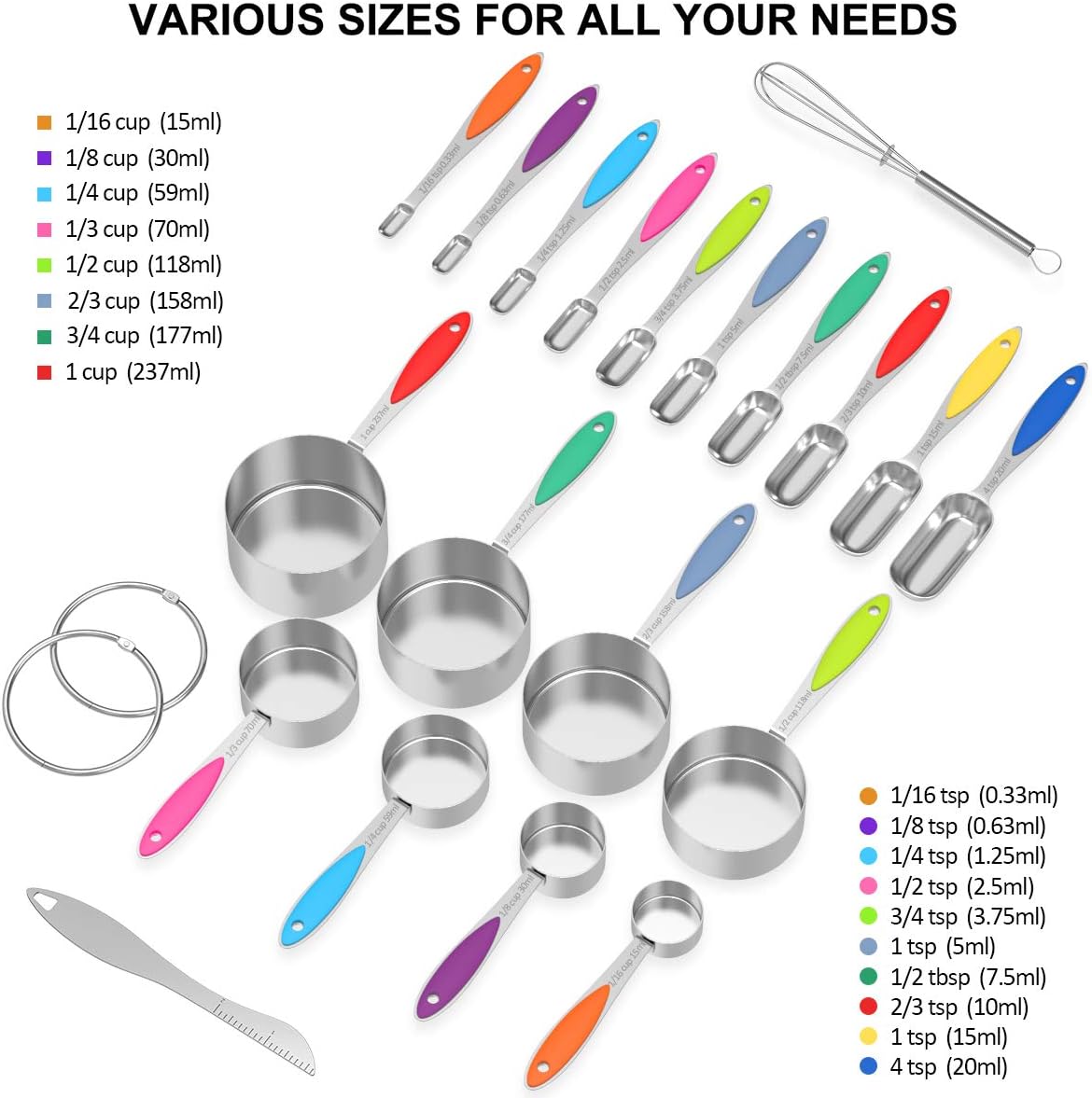Measuring Cups and Measuring Spoons Set, Wildone Stainless Steel 8 Measuring Cups, 10 Measuring Spoons, 1 Leveler 1 Whisk & 5 Mini Spoons, for Dry and Liquid Ingredient - 25 Piece Multicolor