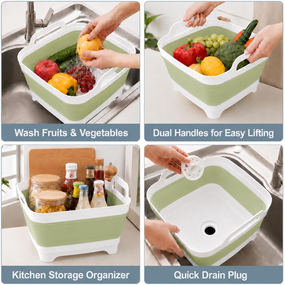 2.4 Gal(9L) Collapsible Dish Basin with Drain Plug, Space Saving Outdoor Multiuse Foldable Sink Tub, Dishpan, Kitchen Storage Tray for Camping, Vegetable Washing, RV (Gray)