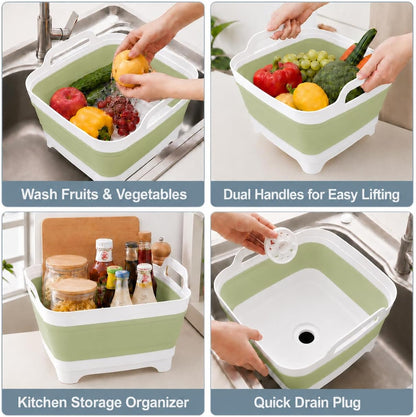 2.4 Gal(9L) Collapsible Dish Basin with Drain Plug, Space Saving Outdoor Multiuse Foldable Sink Tub, Dishpan, Kitchen Storage Tray for Camping, Vegetable Washing, RV (Gray)