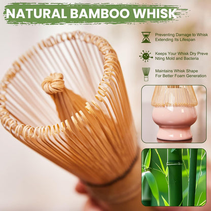 Matcha Whisk Set, Sakura Blue Ceramic Matcha Set Includes Matcha Bowl, Matcha Whisk (Chasen) and Holder, Sifter, Bamboo Scoop & Spoon - 6 Pcs Matcha Kit for Matcha Lovers