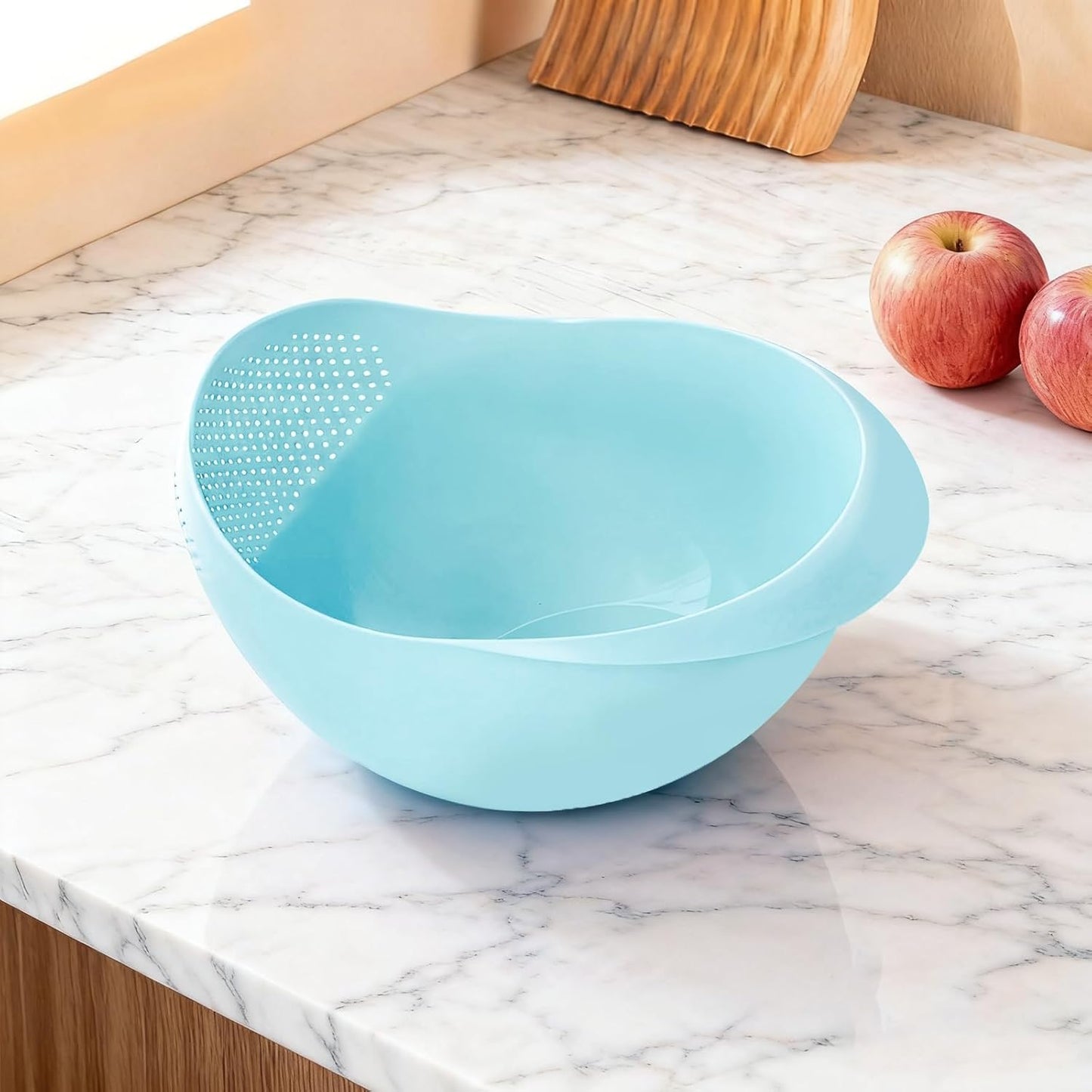 Plastic Washing Bowl With Strainer - Efficiently Wash Small Grains for Rice, Pasta, Vegetables, Fruits-Blue