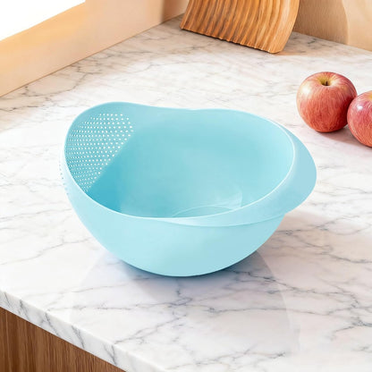Plastic Washing Bowl With Strainer - Efficiently Wash Small Grains for Rice, Pasta, Vegetables, Fruits-Blue