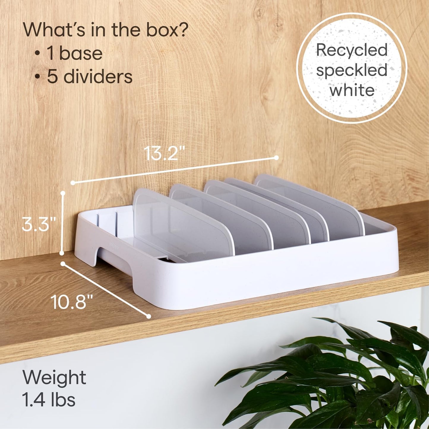 YouCopia StoraLid Food Container Lid Organizer for Kitchen Cabinet Storage with 5 Adjustable Dividers, 10.5''D × 13.4''W × 3.3''H, Large Classic Edition, White