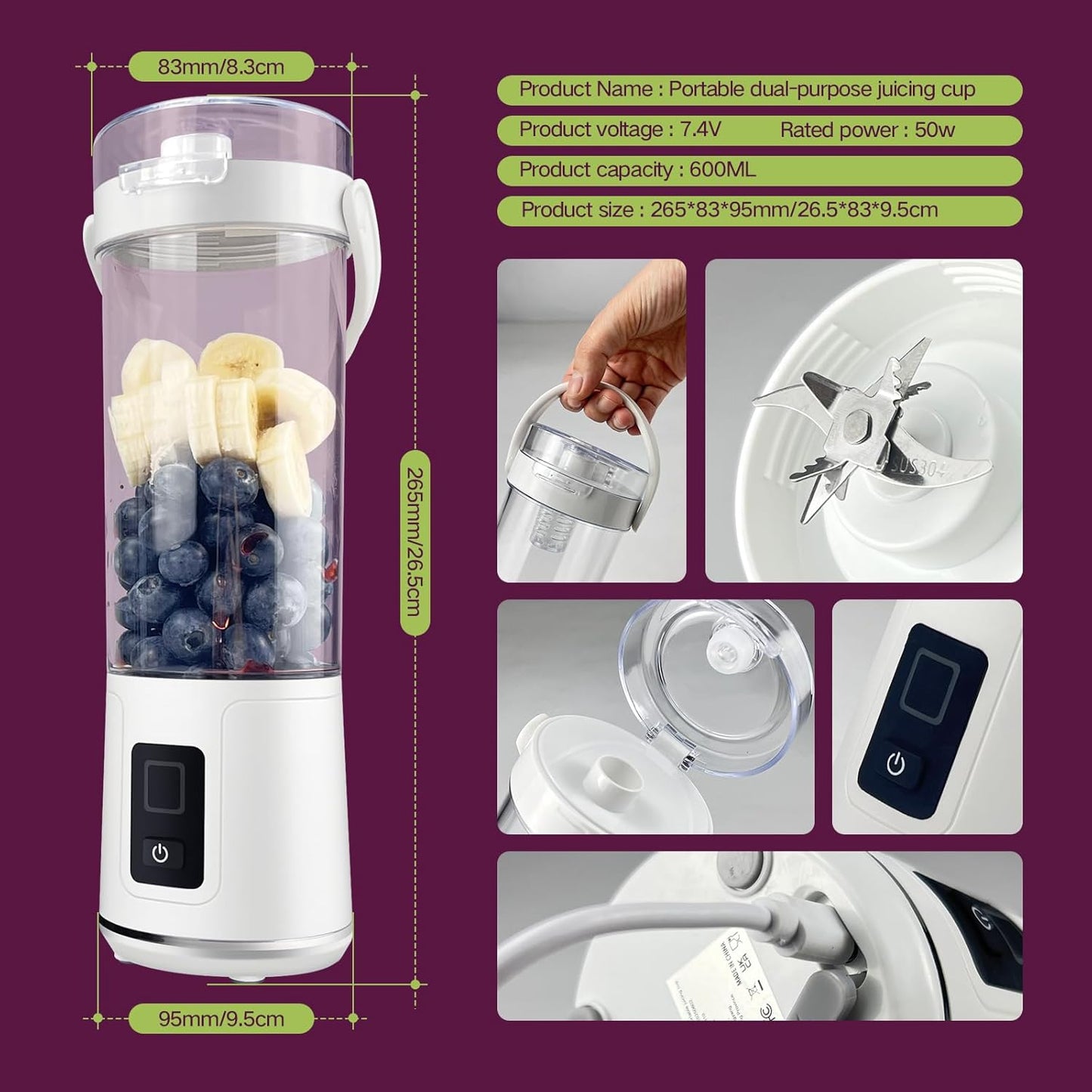 SUNHAIXIA Rechargeable Electric Juicer - Citrus Juicer with Type-c Rechargeable for Orange, Lemon and Grapefruit Juicing. (White-45Watts)