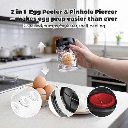 2 in 1 Egg Peeler with Piercer, Hard Boiled Egg Shell Remover Tool with Rotary Lock & Leak-Proof Design, Clear Egg Peeler for Meal Prep, Fitness, Camping & Deviled Eggs, Easy to Use & Clean (White)