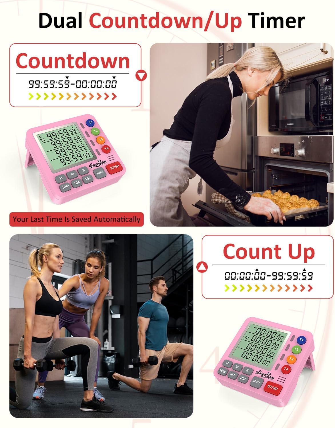 Digital Kitchen Timer for Cooking - 4 Channel Count Up Countdown Timer with Loud Alarm and Silent Mode, Large Display, Magnetic Back, Auto Memory for Classroom Study Gym, Battery Included (Black)