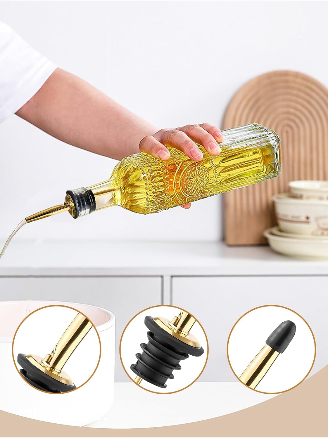4 Pcs Olive Oil Dispenser Bottle for Kitchen,17oz Clear Glass Oil and Vinegar Dispenser Bottle Set, Classic Coffee Syrup Dispenser with 4 Stainless Steel Spouts and 1 Funnel (Round)