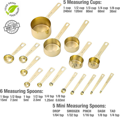 16 Pcs Stainless Steel Measuring Cups and Measuring Spoons Set, Heavy Duty Metal Measuring Cups and Scoops for Kitchen Cooking Baking Includes 5 Cups, 6 Tbsp Tsp Spoons & 5 Mini Spoons(BLK)