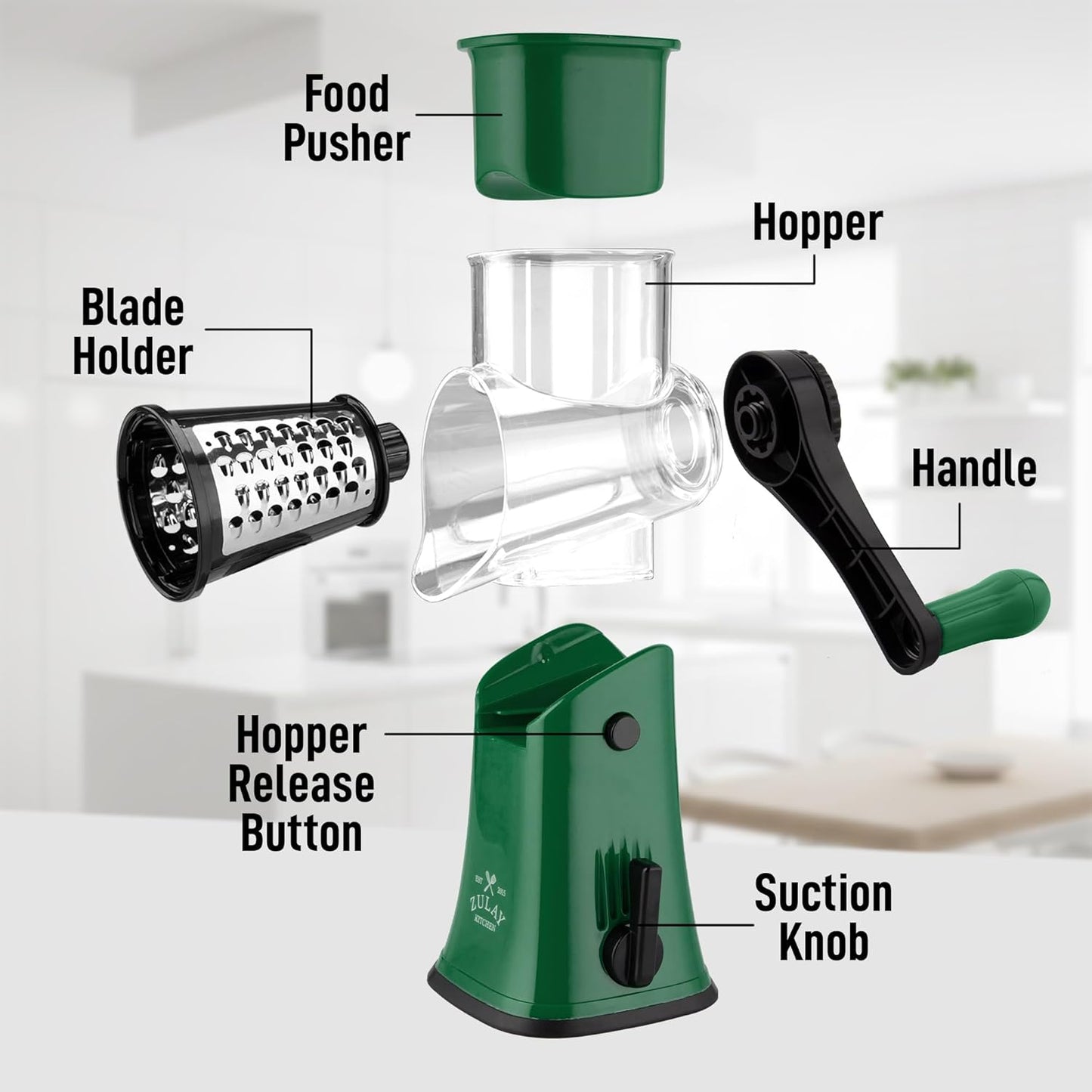 Zulay Kitchen Rotary Cheese Grater 5 Blade Cheese Shredder - Manual Hand Crank Cheese Grater With Reinforced Suction & 5 Interchangeable Drums - Easy to Use, Vegetable Chopper Round Mandoline Slicer - Colors A
