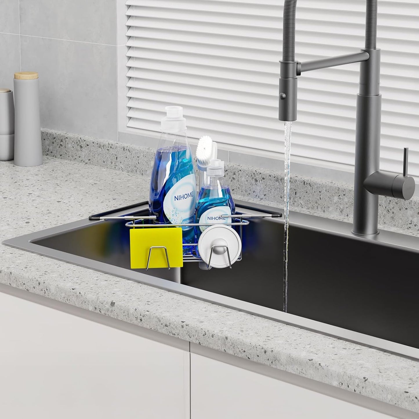 NiHome Extendable Arm Stainless Steel Kitchen Sink Corner Caddy, Easy Install Space-Saving Adjustable Sponge Holder for Most Square Standard Sinks, Non-Slip Rust-Resistant for Brushes, Soap, Sponges