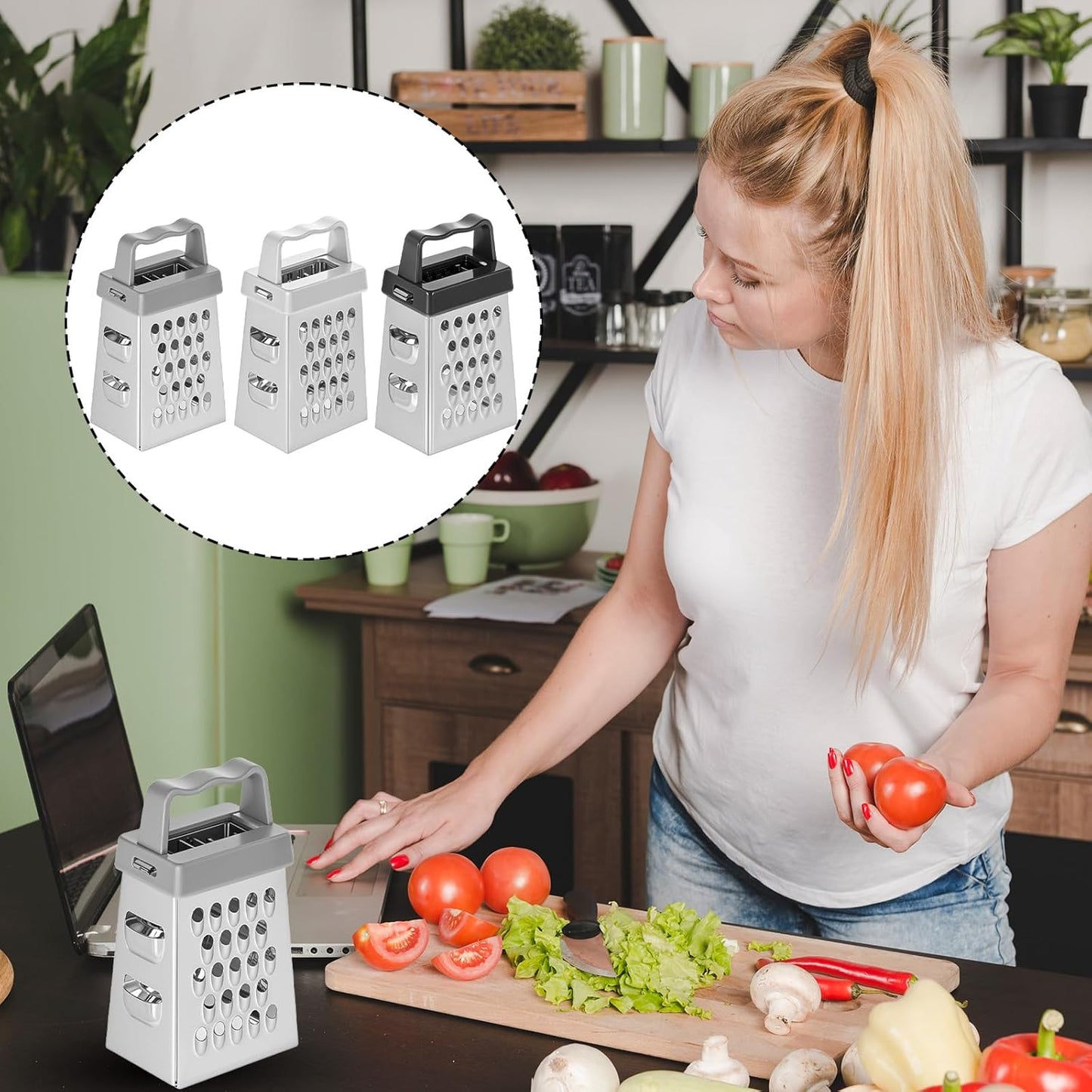 COMNICO Mini Cheese Grater, 3Pcs Stainless Steel Box Grater with Handle Professional Cheese Slicer Graters for Kitchen Slicer Cheese Ginger Vegetable (Blue/green/pink)