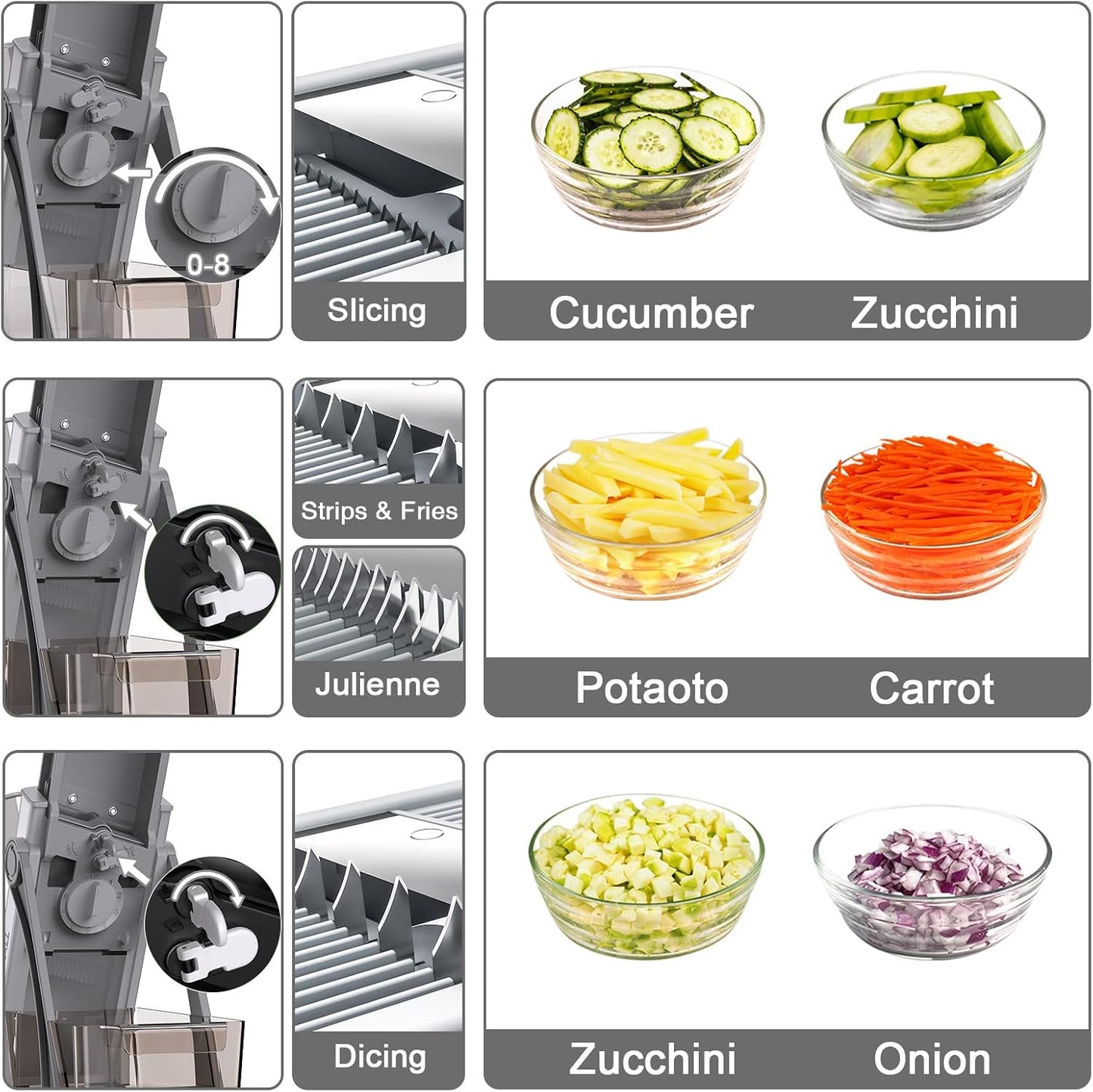 Jonscook All-in-1 Update Safe Mandoline Slicer for Kitchen, Food Chopper with Container, Thickness Adjustable Vegetable Chopper, Potato French Fry Cutter Tomato Apple Slicer Onion (BlackKnight)