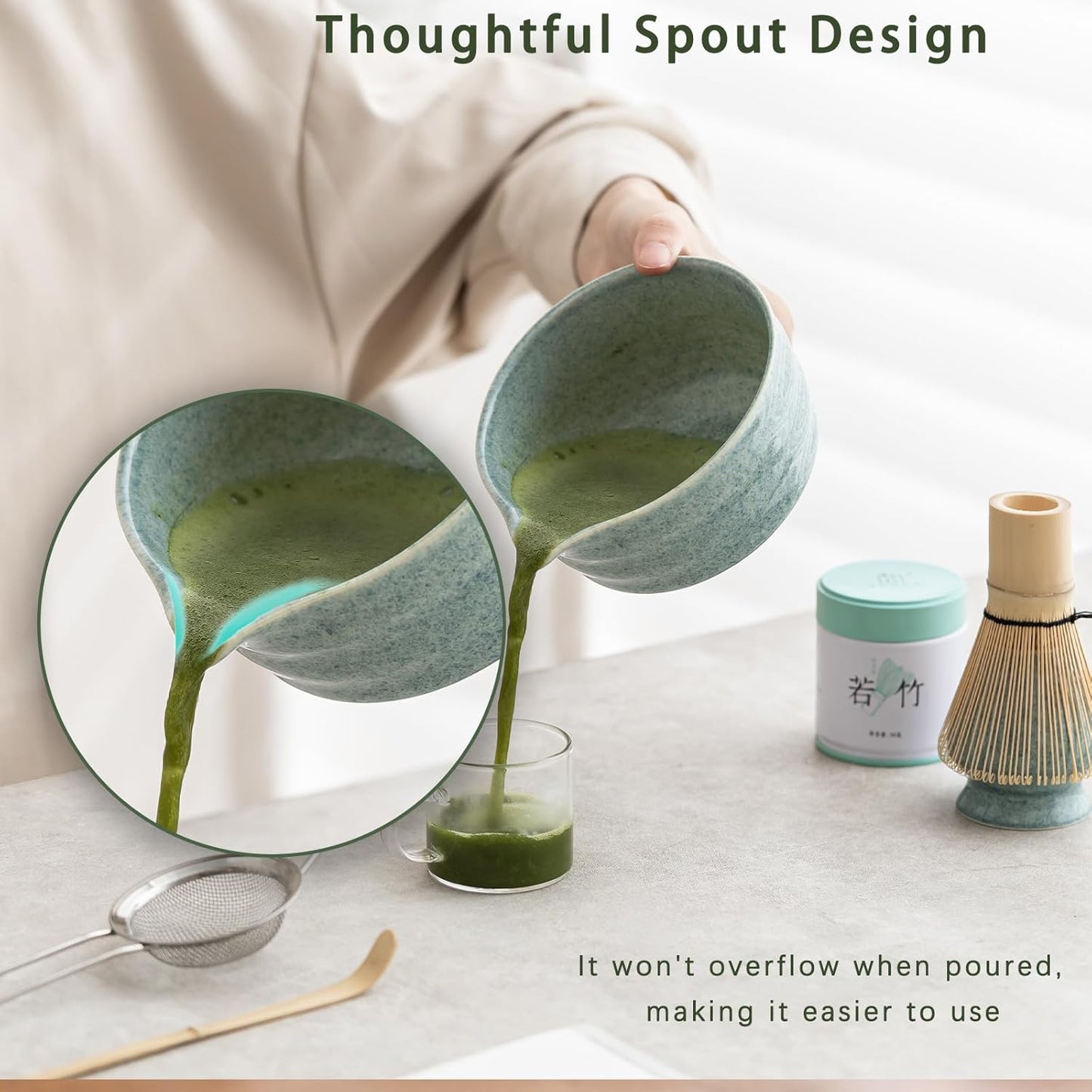 Matcha Set, Japanese Tea Set Includes Matcha Bowl with Spout, Matcha Whisk Holder, Bamboo Matcha Whisk and Bamboo Scoop, 17 oz Mottled Green Glaze Ceramic Matcha Kit for Tea Lovers